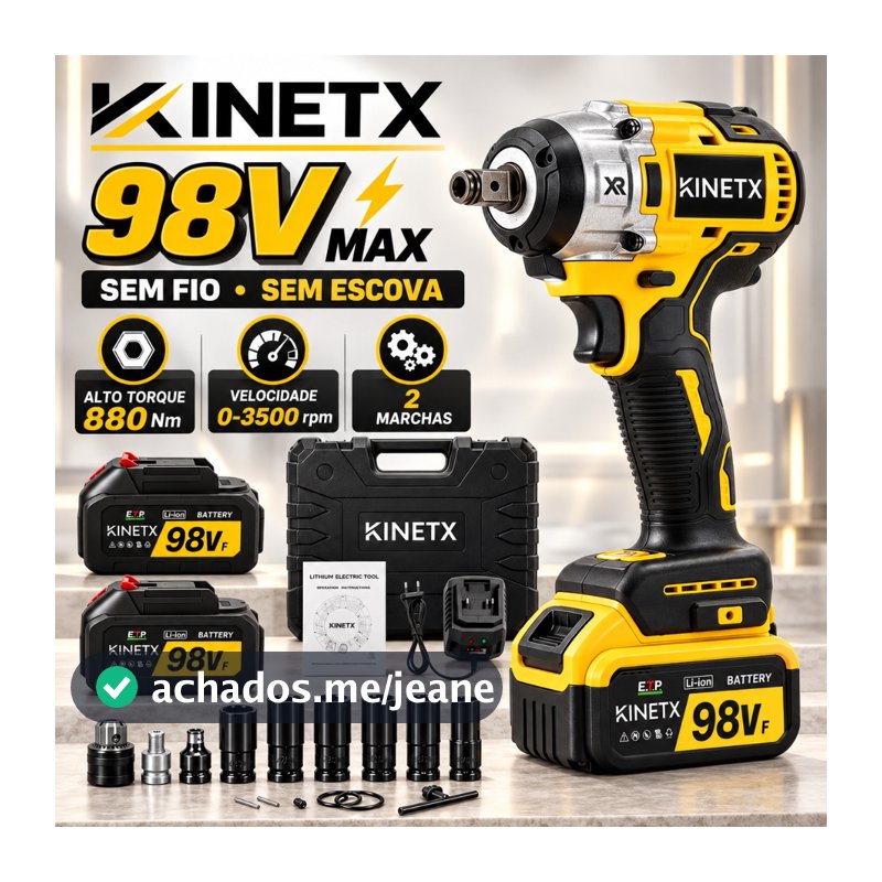 Chave de Impacto 880Nm 98Vf Parafusadeira Furadeira Sem Fio KINETX com 2 Baterias + Maleta e Acessórios Profissional