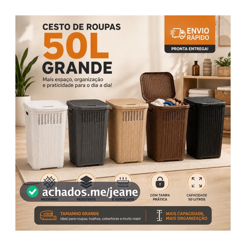 Cesto de Roupa Suja 50L Grande com Tampa Rattan Organizador para Lavanderia Banheiro Quarto