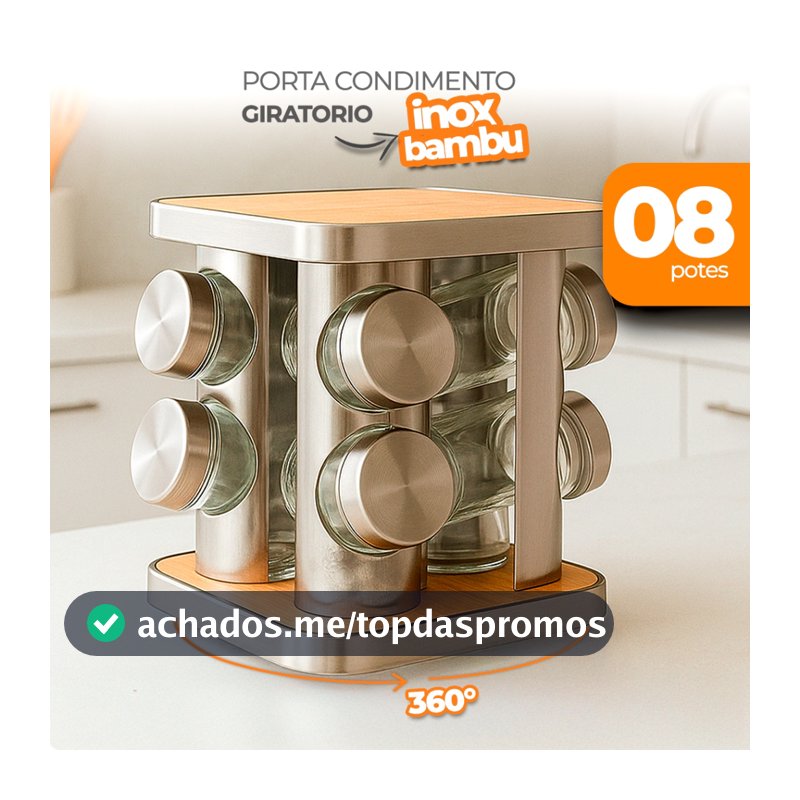 Porta Temperos Giratório Inox e Bambu com 8 Potes – Organizador 360° de Cozinha
