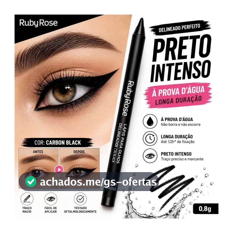 Lápis para Olhos Delineador à Prova D'água - Carbon Black / Preto - Ruby Rose (HB050)/Lápis de Olho Eye-Catching