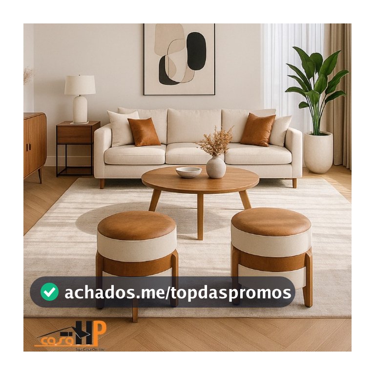 Kit Puff Apolo Linho pés madeira 2unidades banco banqueta envio imediato