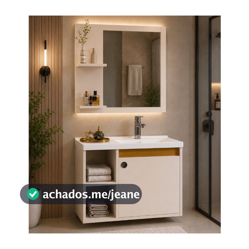 Conjunto Gabinete com Espelheira e Cuba para Banheiro 60cm Adonis Perola com Nature Ofertamo