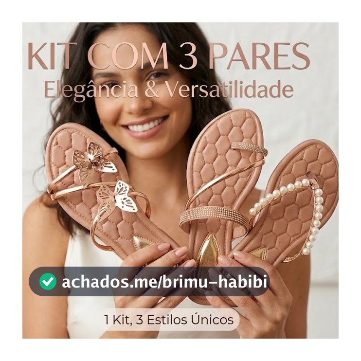 kit com 3 Pares de Sandálias Feminina Rasteirinha com Brilho Perolas Borboletas Antiderrapante