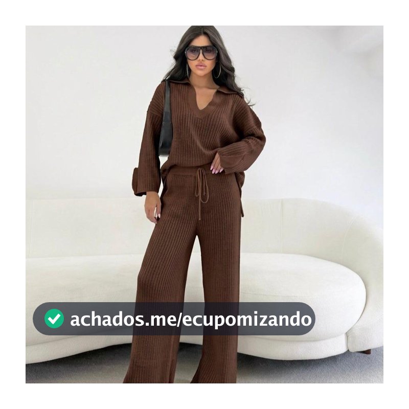Conjunto Feminino em Tricot Blusa Alongada Oversized Polo e Calça Canelada Cordão Ajustável Aerolook