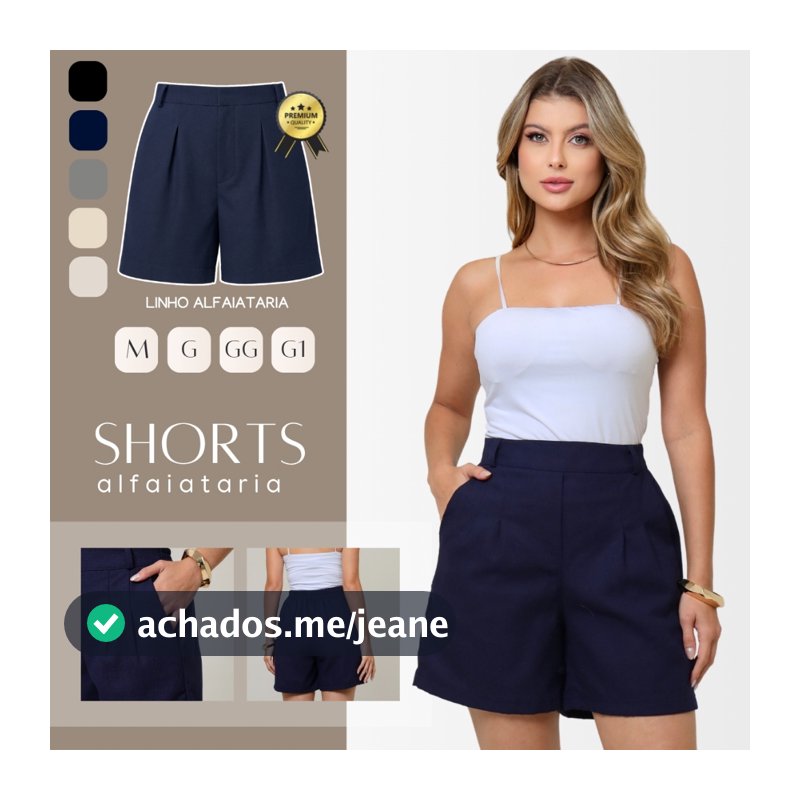 Shorts Bermuda Feminina Alfaiataria Linho Premium Cintura Alta Cós Elástico Com Bolso Social Short Linho M ao G1