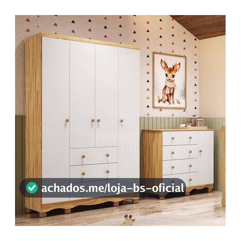 Quarto Infantil com Guarda-Roupa 4 Portas e Cômoda 1 Porta 100% MDF Mimo Espresso Móveis Branco/Brilho/Amêndoa Branco