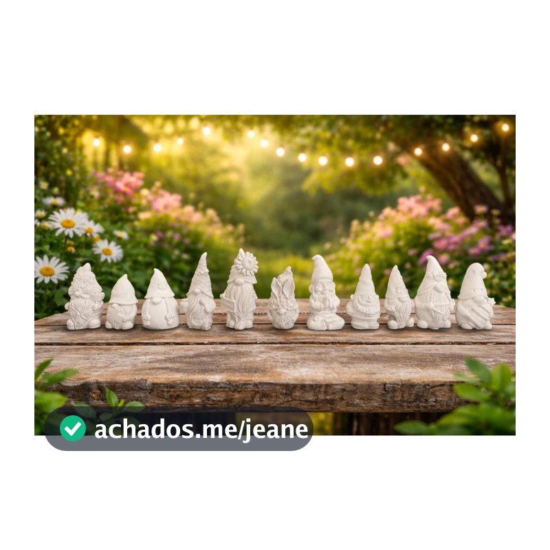 Kit 11 Gnomos Decorativos em Gesso Cru – Miniaturas para Pintura, Artesanato e Jardim Encantado