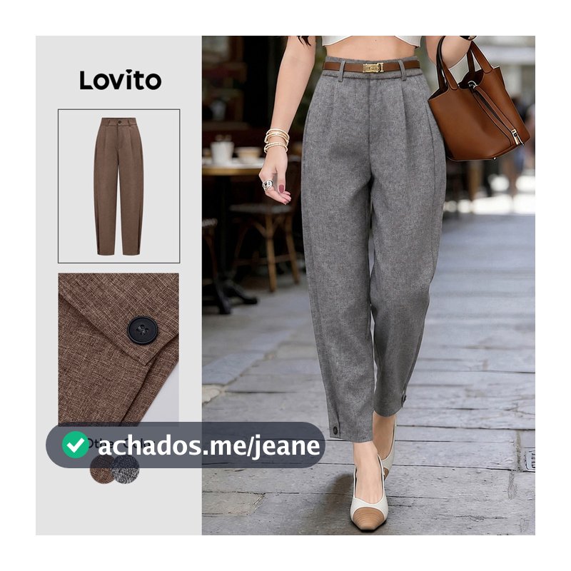 Lovito Calça Elegante Retrô Anos 90 Com Botões E Pregas Cinza Para Mulheres PTK9P1D284