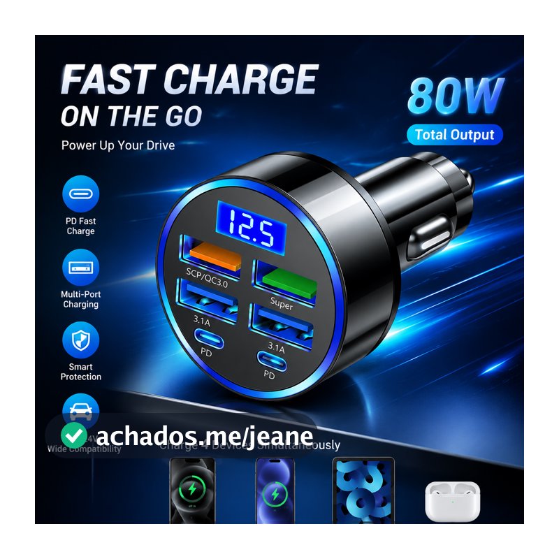 Carregador automotivo rápido de 100 W com 6 portas USB, PD QC3.0 Tipo-C para celulares e tablets