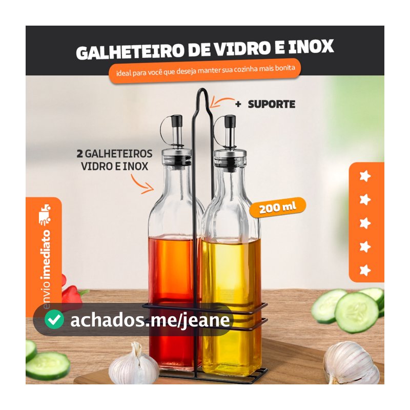 Galheteiro De Vidro E Inox Com 2 Pçs + Suporte - Bhz Store