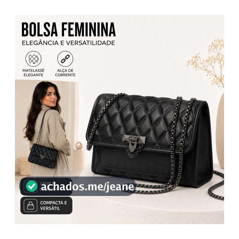 Bolsa feminina de couro preto brilhante com alças ajustáveis