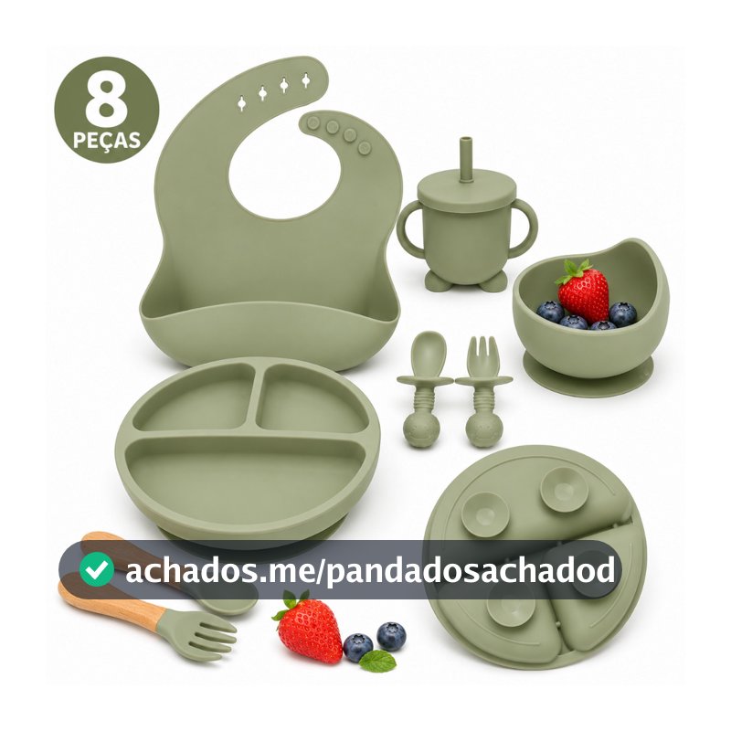 Kit Refeição Bebê Silicone 8 Peças Prato com Ventosa Babador Copo Colher Garfo