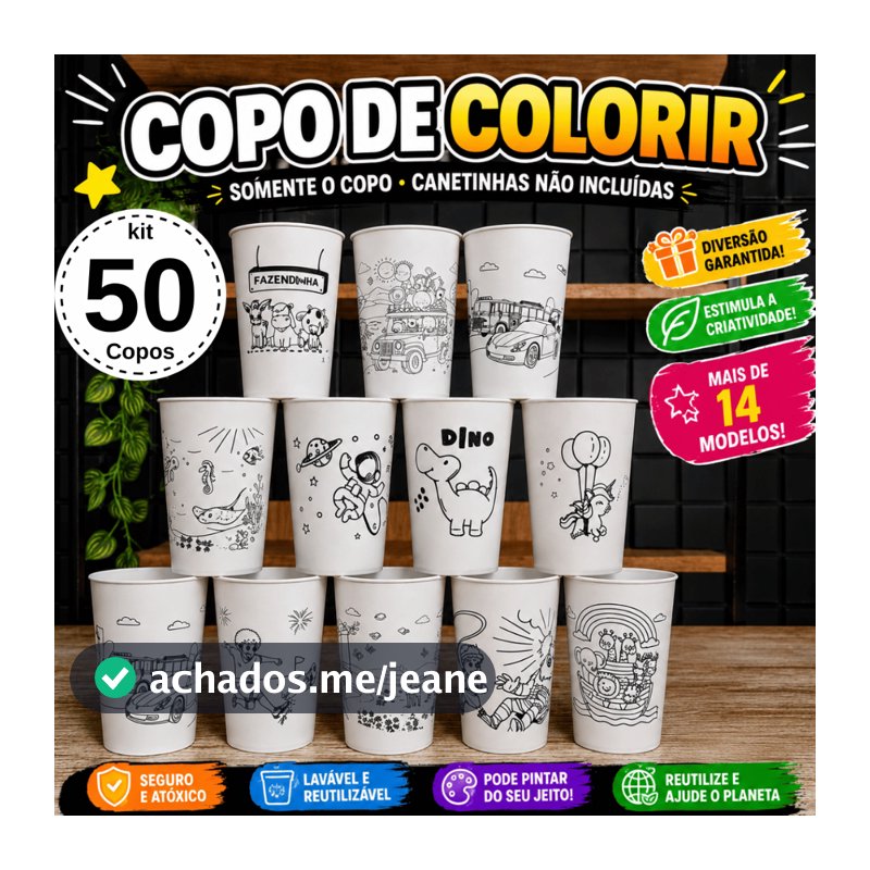 Copo Colorir Kit 50un Várias Estampas Copo Lembrancinha Aniversário de Crianças Divertido Educativo