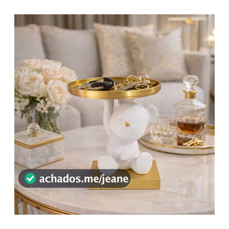 Porta Objeto Joias  Urso com Bandeja 3D Dourada Preto – Organizador Penteadeira Chaves Anéis Decoração Presente Alexa