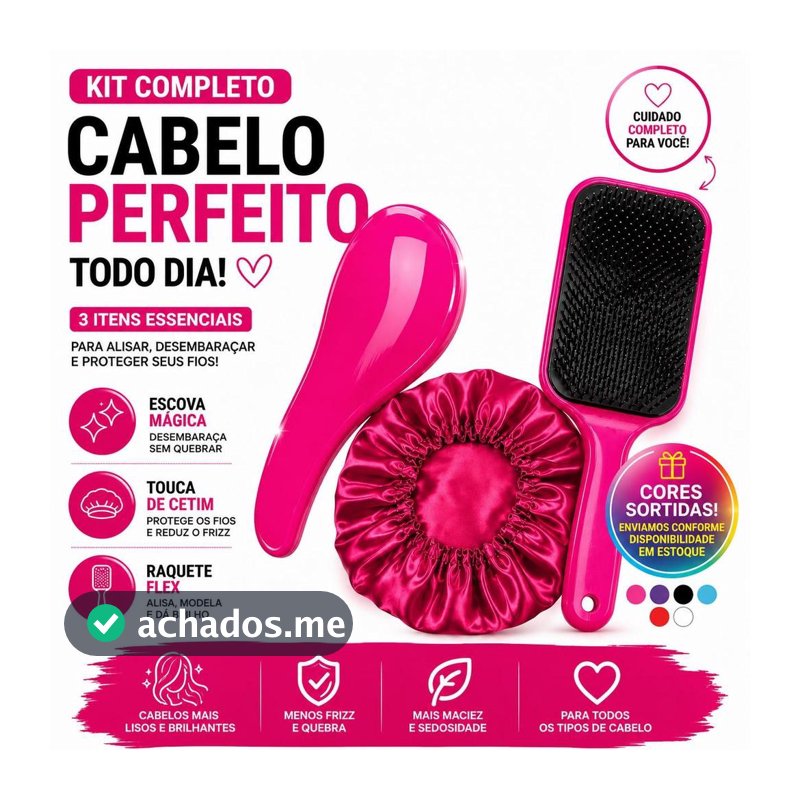 Kit Premium 3 em 1 | Escova Mágica + Touca de Cetim + Raquete Flex | Cabelos Sem Frizz - CORES SORTIDAS