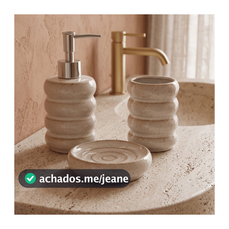 Jogo de Banheiro de Porcelana Kit Lavabo Orgânico Creme Amendoado com Relevo Ondulado 3 Peças