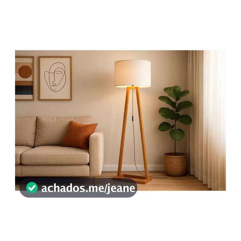 Luminária de Piso Moderna Abajur Chão Madeira Com Cúpula Tecido Off White Para Sala Escritório