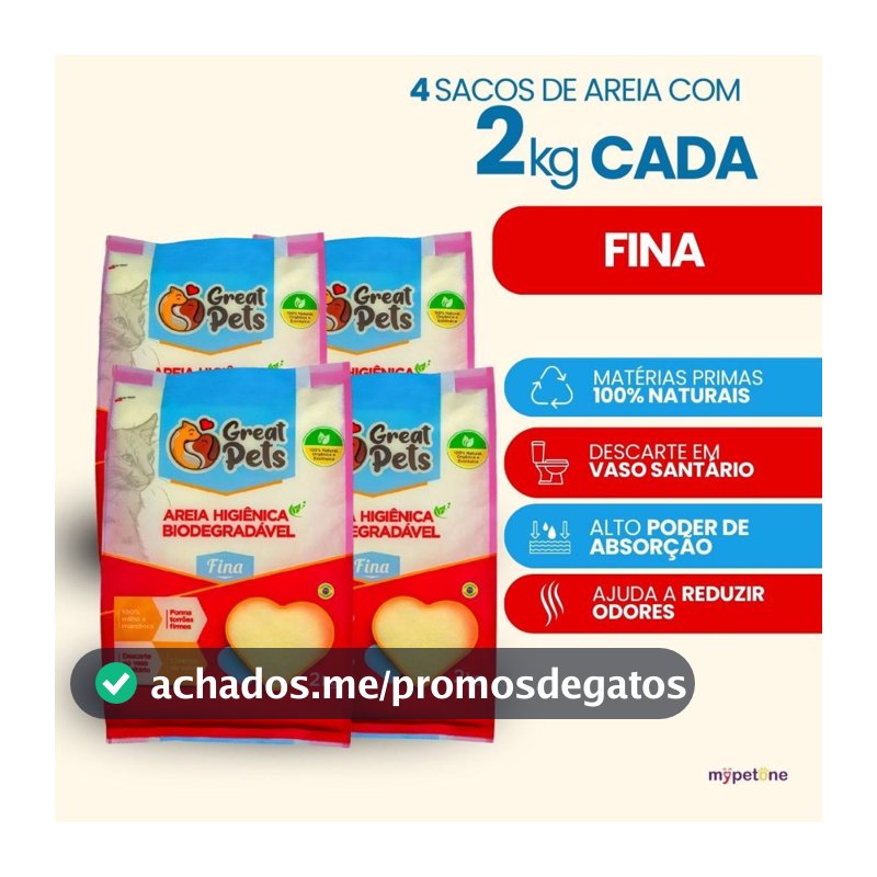 Kit 4 Areia Biodegradável Fina 2 Kg para Gatos - Great Pets