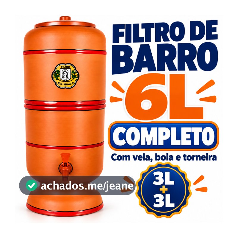 Filtro de Barro 6 Litros Completo com Vela Tripla Ação Alcalina Carvão Ativado + Bóia + Torneira