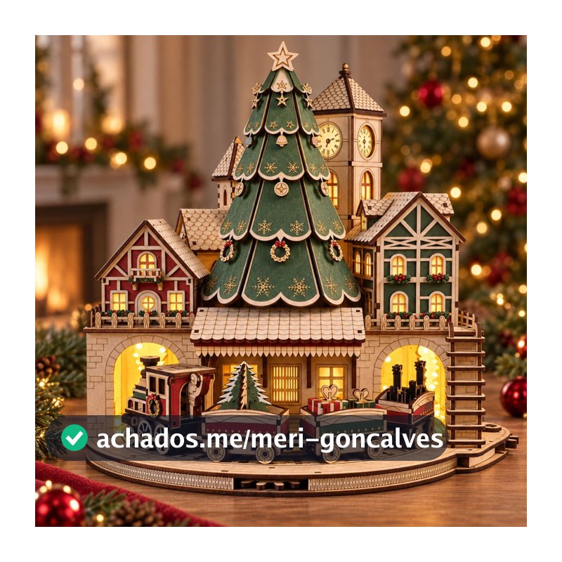 VILA DE NATAL COM ENGRENAGEM QUE RODA O TREM CENÁRIO VILA NATALINA COM PAPAI NOEL E ÁRVORE DE NATAL EM MDF 3mm 1ºLINHA