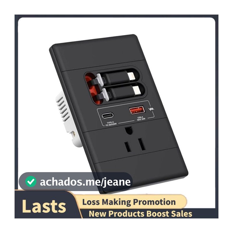 Tomada De Parede USB-C Resistente À Violação 15A 125V , Preta , Com Suporte De Cabo Retrátil GaN PD20W/A Para Dispositiv