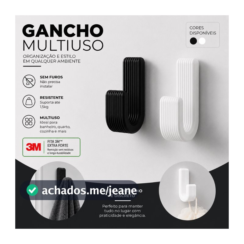 Gancho de parede adesivo 3M Extra Forte Até 1,5kg Sem Furo, Multiuso