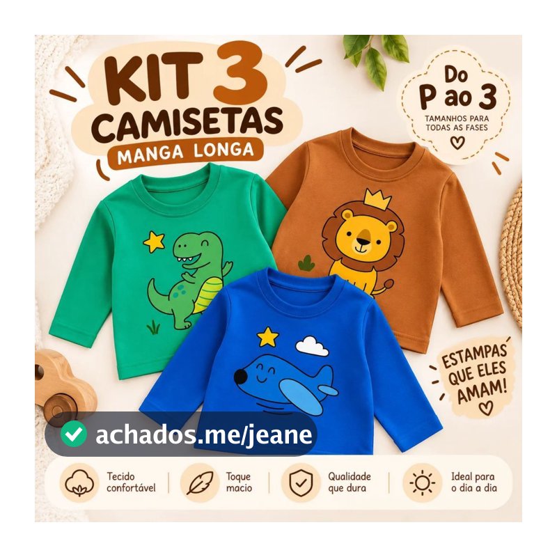 Kit 3 Camisetas Manga Longa  Bebê Infantil 100% Algodão Estampadas Menino Menina