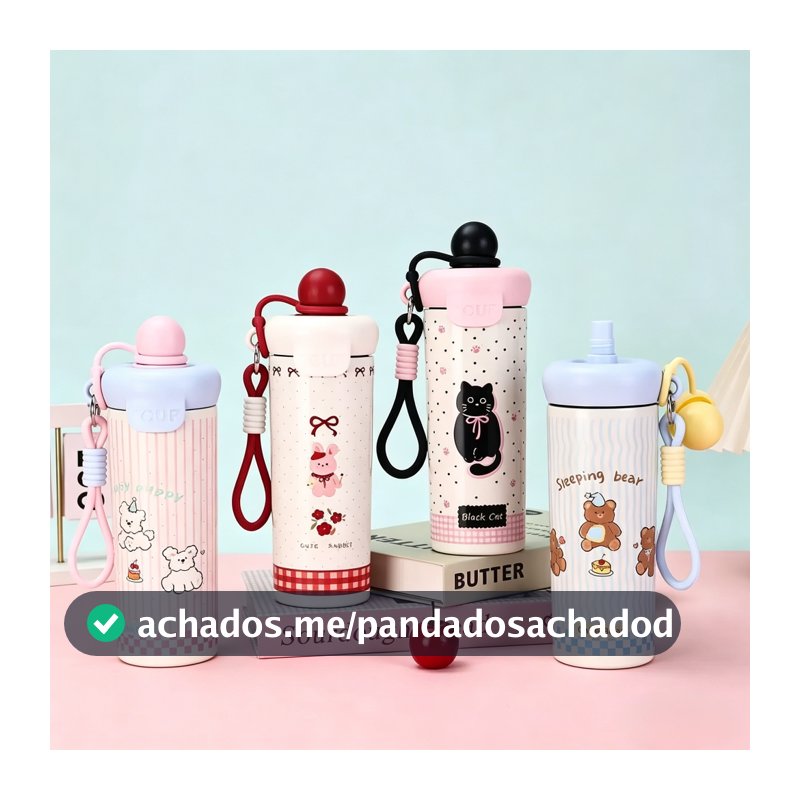 Garrafa Térmica 550ML Infântil Inox Premium Portátil Com Canudo Tampa  Rosqueável Bebida Quente Fria Escola Criança