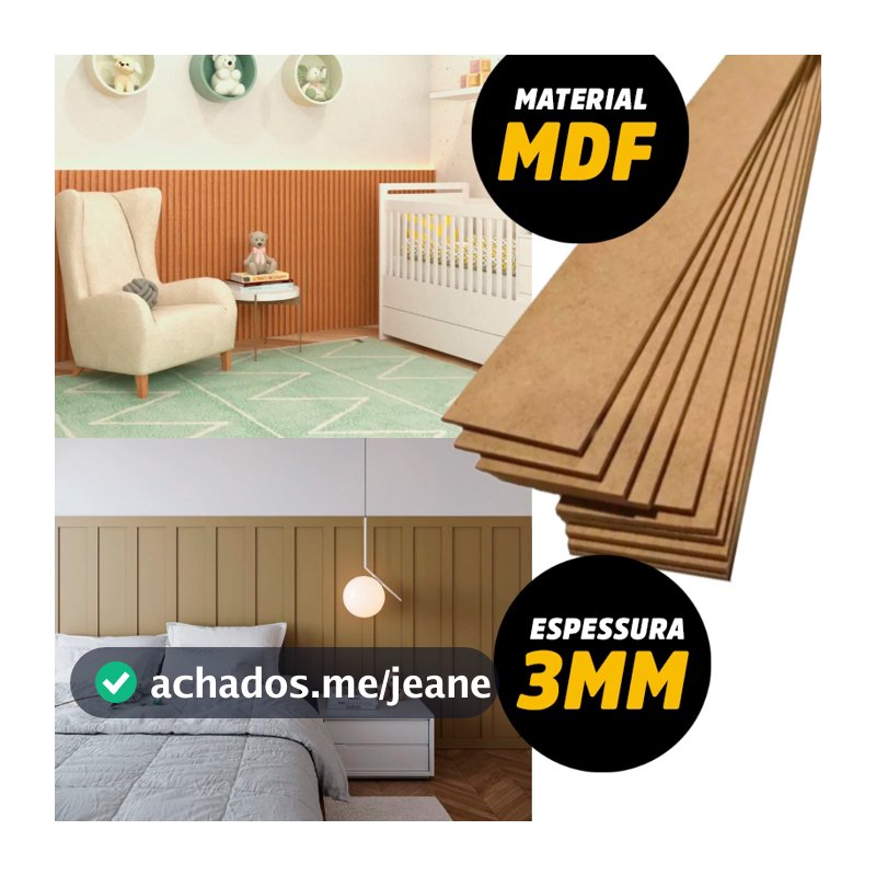 Kit 10 Ripas 5x100cm para Boiserie Ripado de Parede Painel Decorativo MDF Cru 3mm