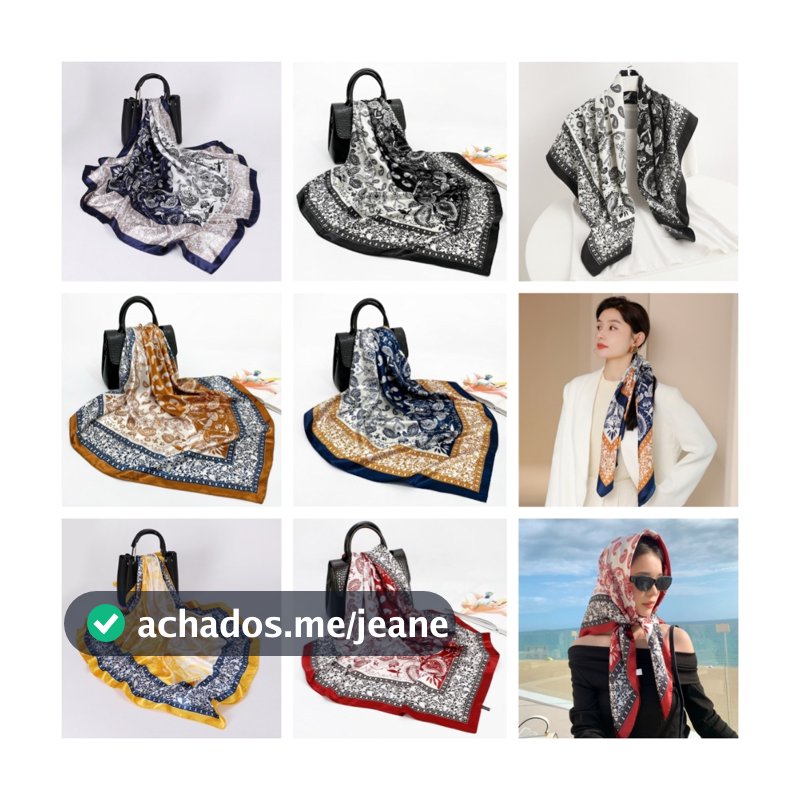 Lenço Feminina Pescoço Echarpe Cetim Estampas 90x90cm
