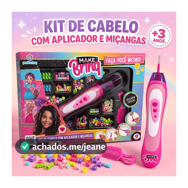 Kit Aplicador de Miçangas Para Penteados Cabelos  Make Brinq Acessórios Elásticos +3 Anos