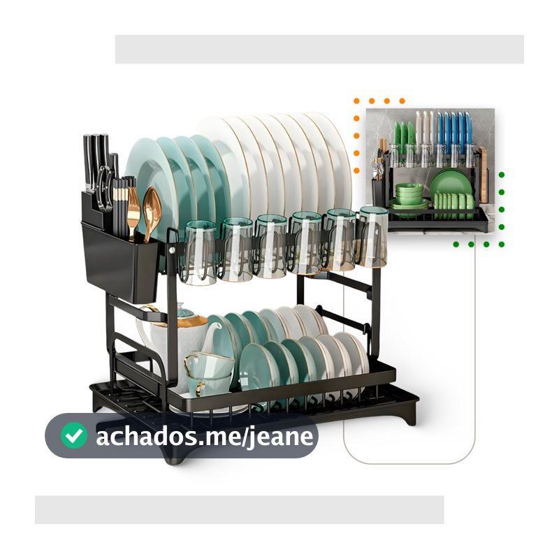Escorredor de Louça 2 andares Duplo Metal Preto com Bandeja Coletora Agua Organizador Ajustável Pratos Talheres