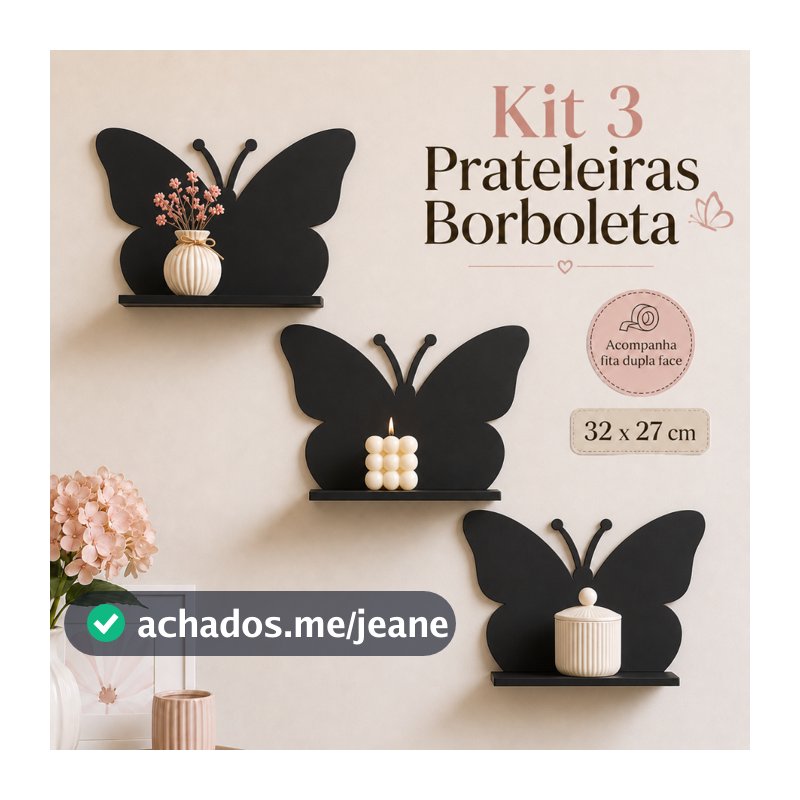 Kit 3 Prateleiras Borboleta 32x27cm Nicho Decorativo de Parede Porta Objetos com Fita Dupla Face