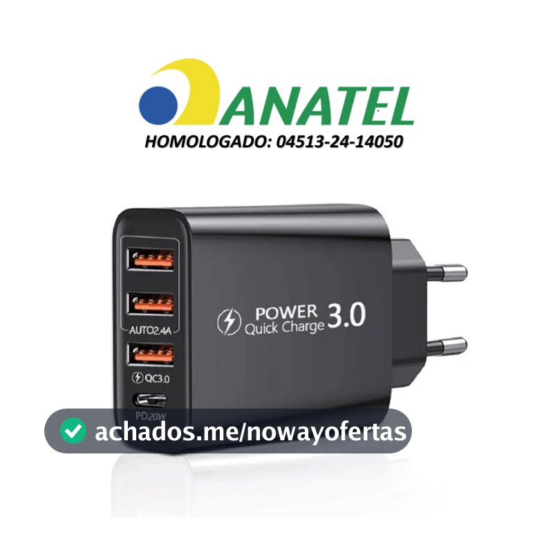 Carregador Fonte Turbo 3.0 36W 3 USB + Tipo C Rápido Universal. Certificado e Homologado Anatel!