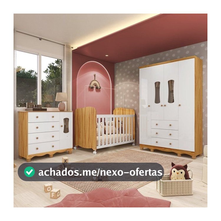 Quarto de Bebê Berço, Guarda Roupa e Cômoda com Janela 100% MDF Lana Espresso Móveis Branco/Amêndoa Branco
