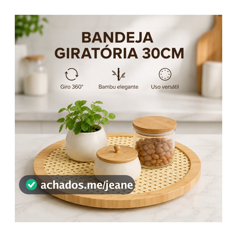 Bandeja Giratória de Bambu 30cm Redonda com Fundo Trançado para Cozinha Mesa e Organização