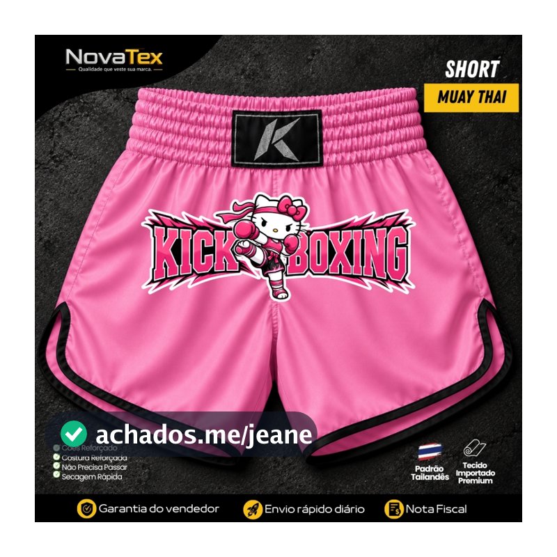 Short Muay Thai Feminino Kickboxing Kitty Boxing Rosa Branco Tailandês Premium