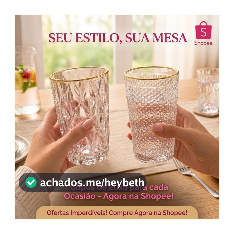Jogo 6 Copos Vidro Borda Dourada 350ml Diamond ou Imperial Mesa Posta Luxo