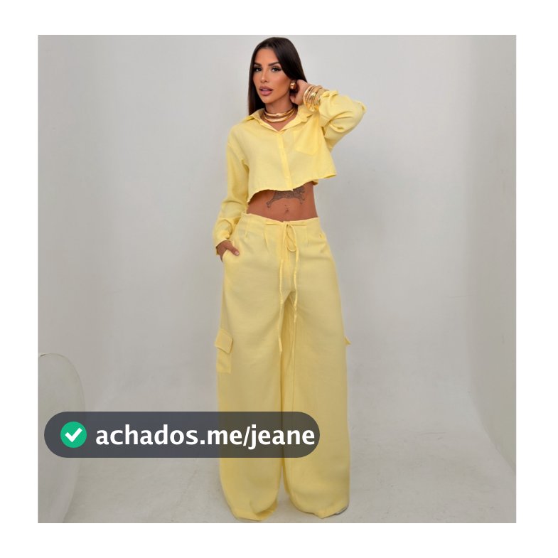 Conjunto Feminino Calça Pantalona Cargo Cintura Alta e Camisa Cropped Manga Longa Alfaiataria Sensorial