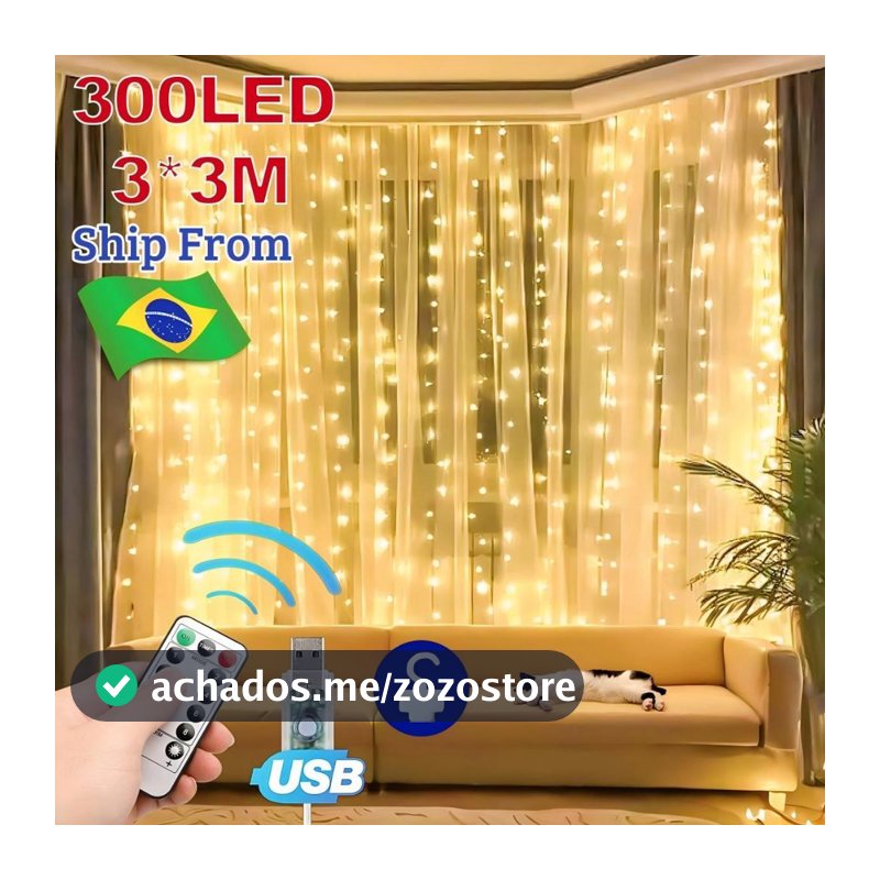 Cortina luz 300 LED 3x3M cortina com 8 Modos USB Natal Fadas Luzes Pisca Cascata Decoração Janela 110v-220v