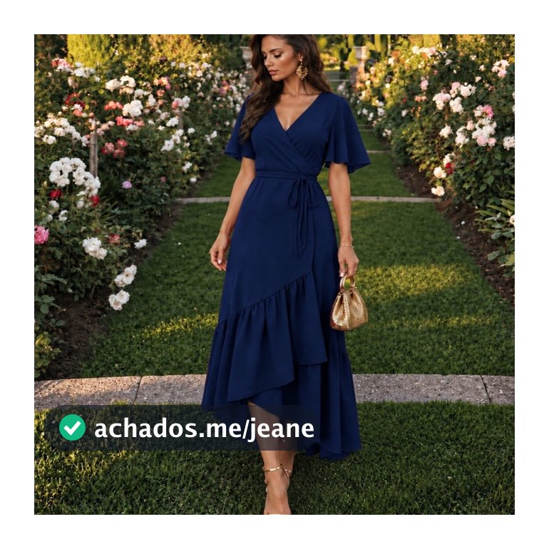 Vestido Feminino Longo Liso Em Duna Saia Envelope Transpassada Manga Curta Decote V