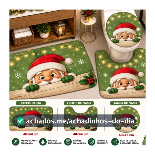 Kit 3 Tapete Banheiro Natal Antiderrapante 40x60 Papai Noel Floral - 3 Peças