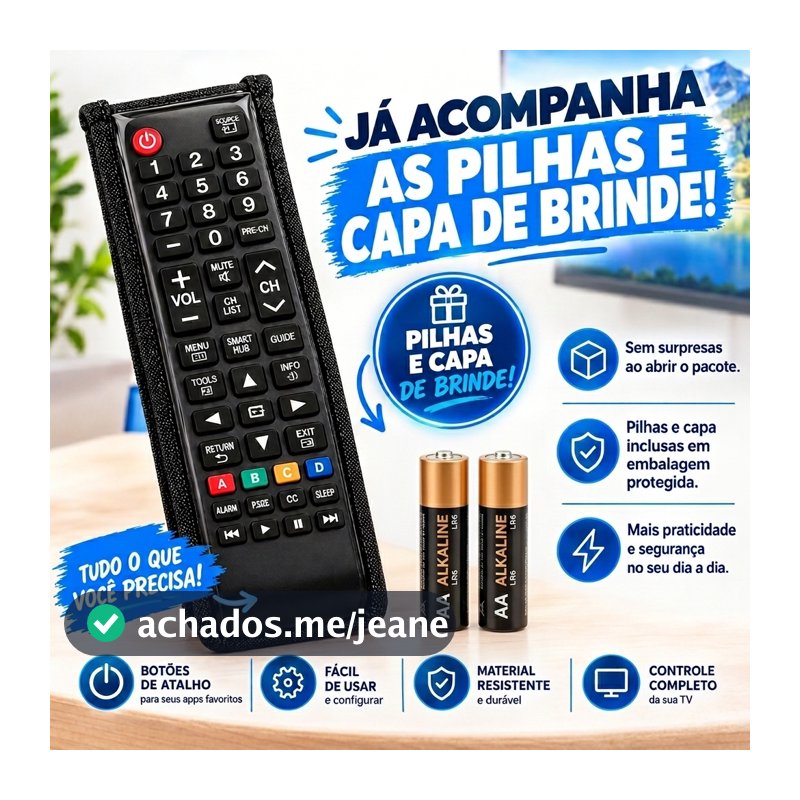 Controle Remoto Samsung Smart TV  Compatível 4k Netflix Com Pilha e Capa de Proteção 3d Futebol  Sansung Led Plasma LCD