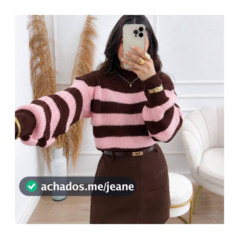 Cropped Feminino Tricot Listrado Manga Bufante Inverno Blusa Trico