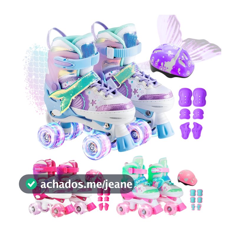 Patins Infantil 4 Rodas Ajustável Sereia + Proteção Rodinha Led