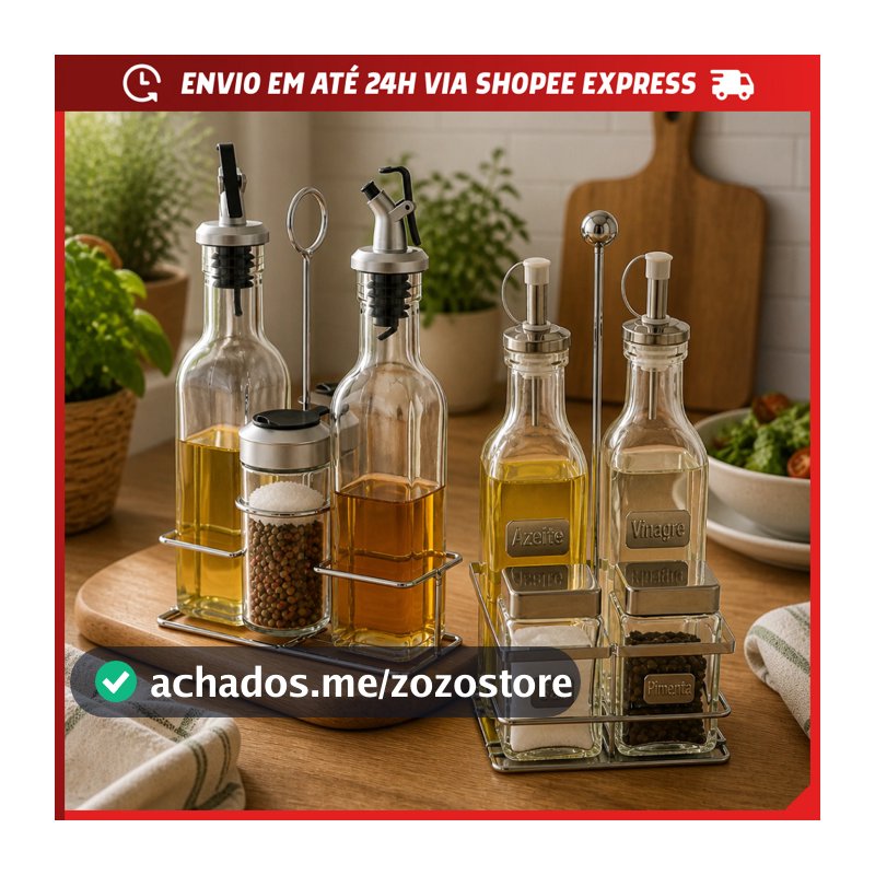 Galheteiro 4 Peças com Suporte Porta Azeite Vinagre Sal Pimenta Vidro Porta Tempero Mesa Posta