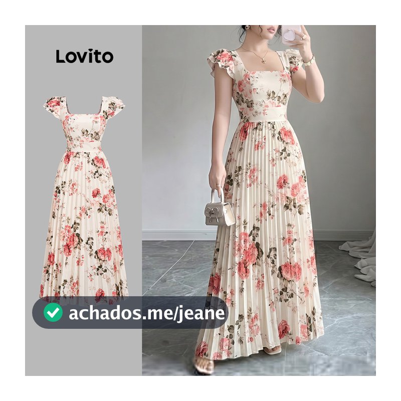Lovito Vestido Longo Casual Floral Com Mangas Curtas E Babados Decote Quadrado Cintura Alta E Pregas Para Primavera/verão E Férias Feminina LR32E042