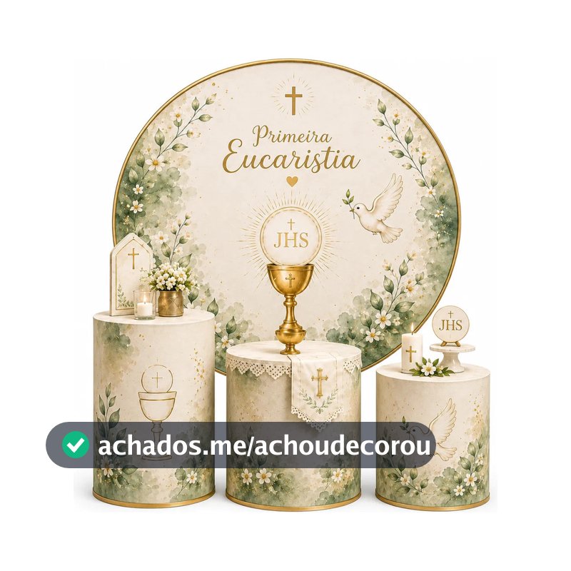 Kit Decoração Capa Painel Redondo 150x150cm Mais Trio Capas Cilindros Tema Eucaristia Lançamento Tecido Premium Lavável