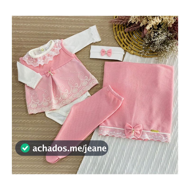 Conjunto RN Saída de Maternidade 4 Peças com Manta, Tule Bordado e Faixa com Laço