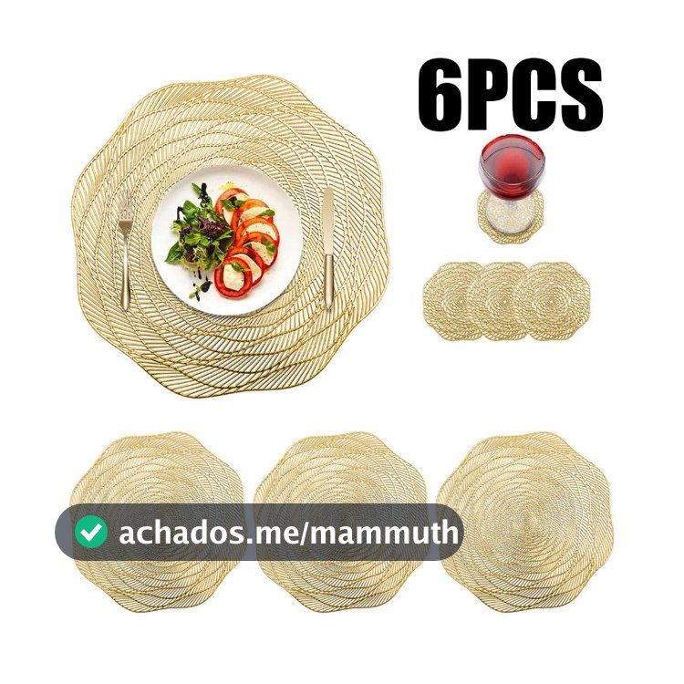 Kit 6 Jogo Americano Sousplat PVC Redondo Dourado Para Mesa de Cozinha Sala de Jantar